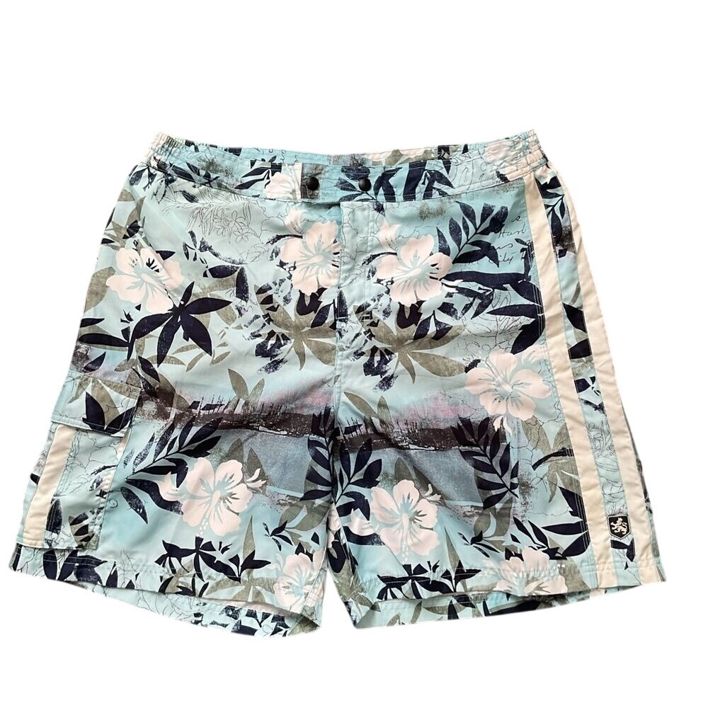 Nat Nast Swim. Men's Blue Hawaiian Swim Trunks With Liner & Cargo Pocket Size XL